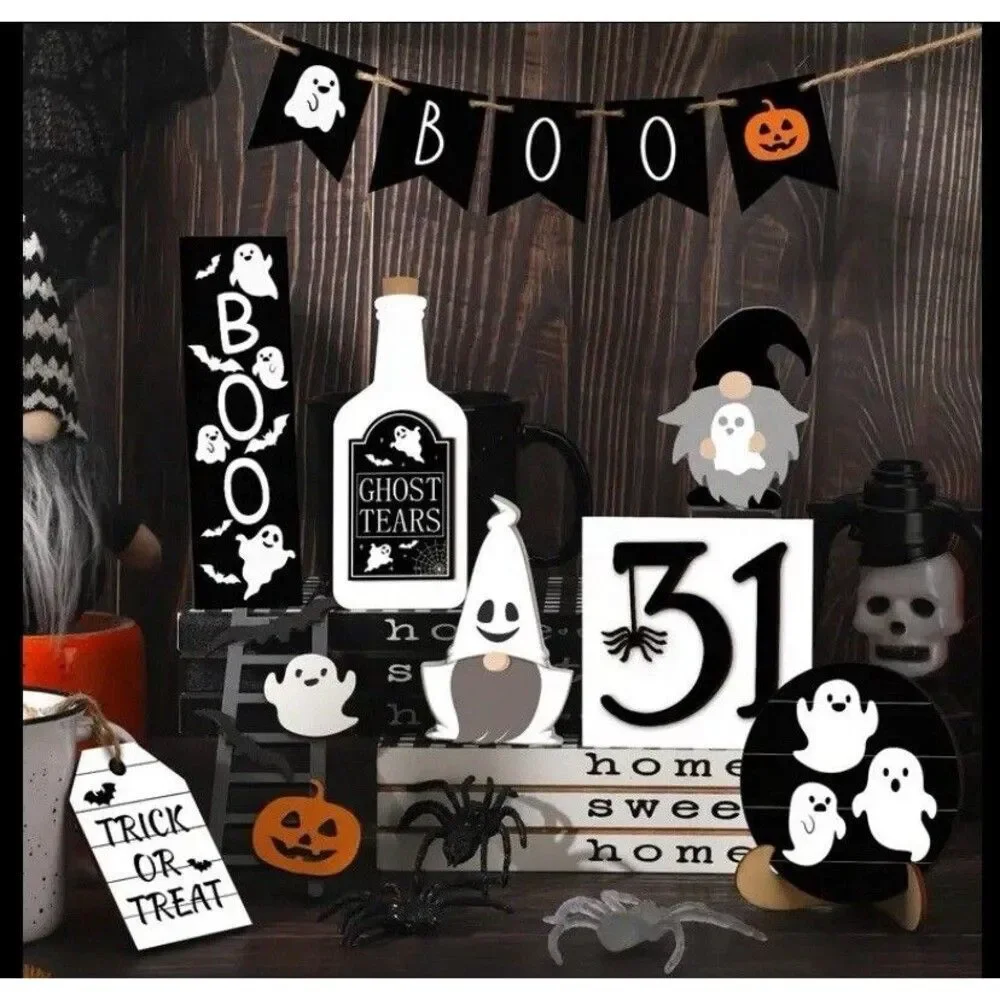 Halloween 13 Piece Rustic Country Wood Halloween Decor Set Farmhouse Tier Tray